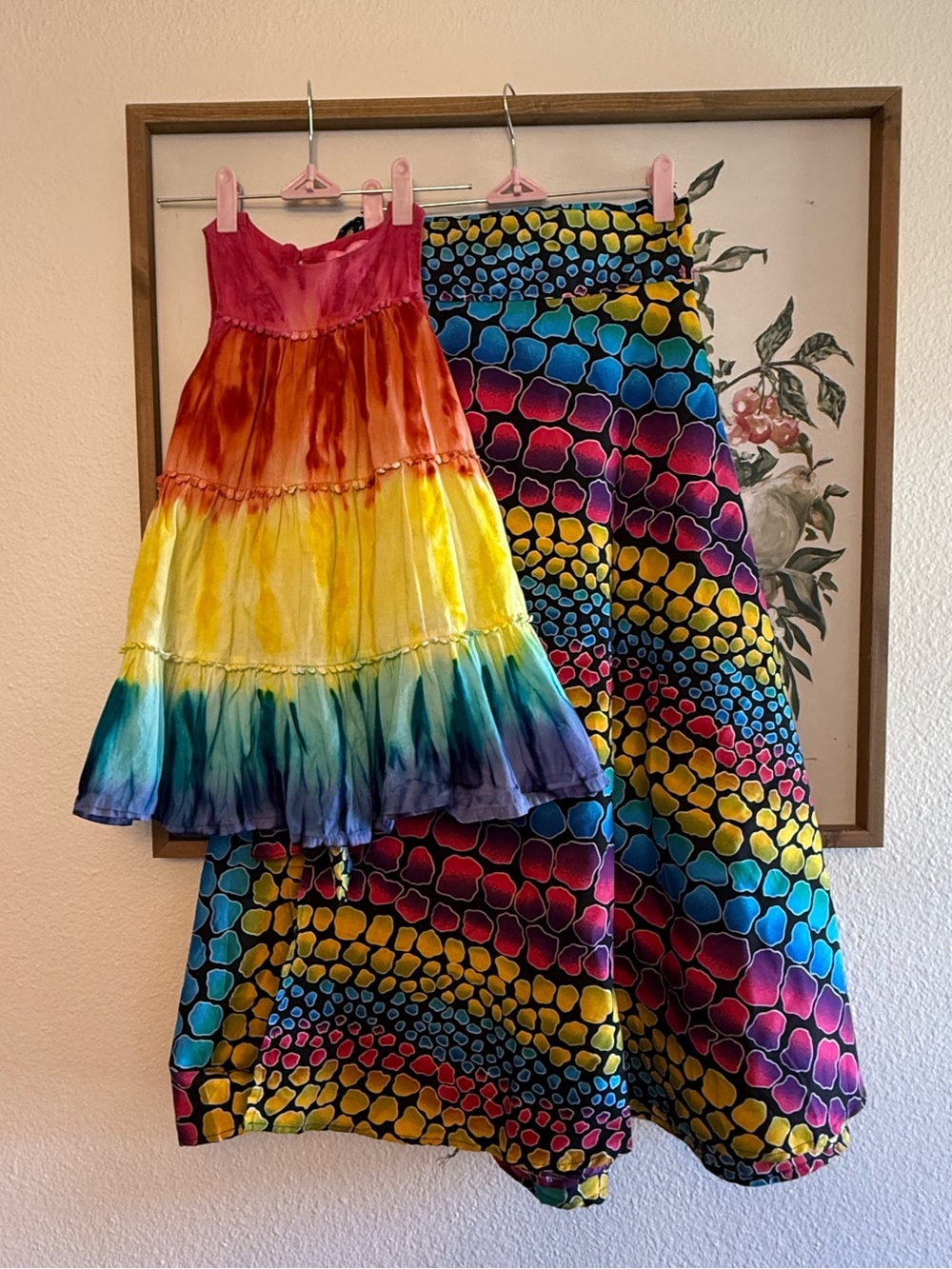 Isaac Mizrahi Rainbow Tie-Dye Tiered Dress and Rainbow Animal Print Wrap Skirt